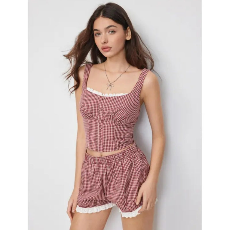 Gingham Lace Bubble Shorts Set