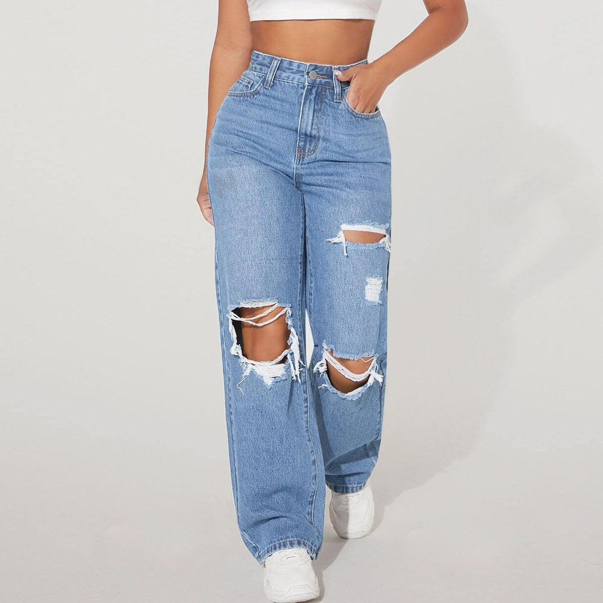 High Waist Distressed Straight Leg Jeans