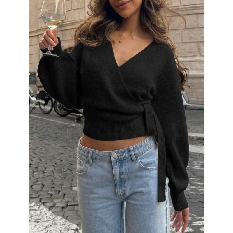Wrap V Neck Knit Top