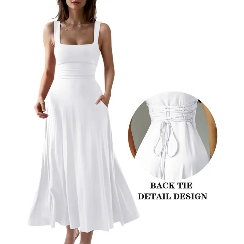 Square Neck Back Tie Pocket Maxi Dress