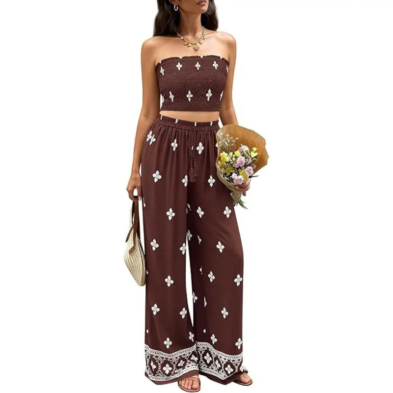 Boho Print High Waist Wide Pants Set