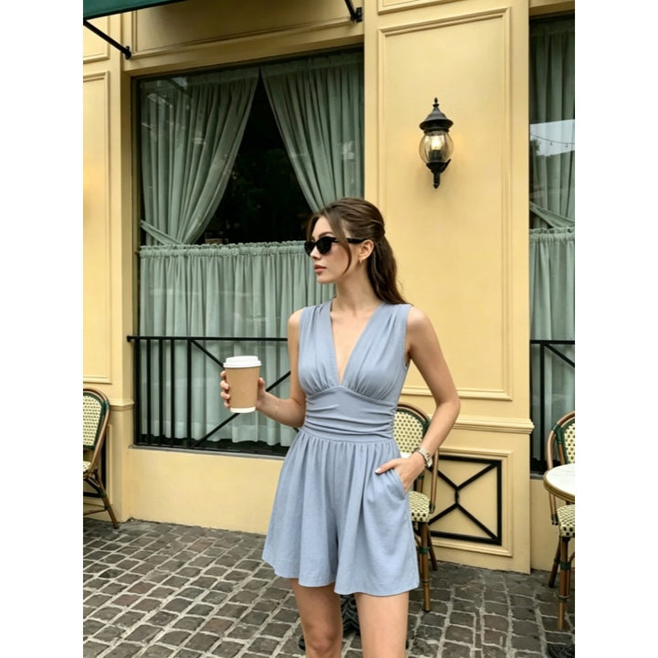 Ruched V Neck Sleeveless Romper