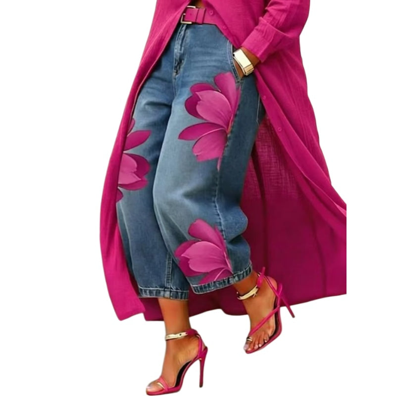Floral Print Wide Leg Denim Look Pants