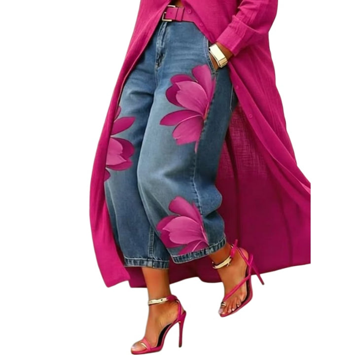 Floral Print Wide Leg Denim Look Pants