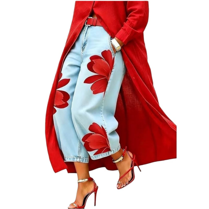 Floral Print Wide Leg Denim Look Pants