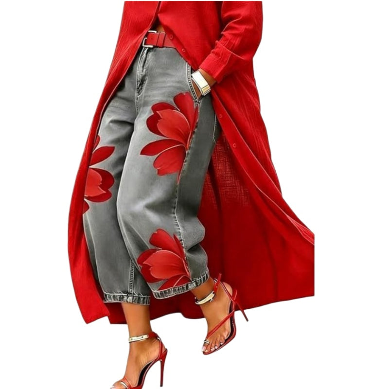 Floral Print Wide Leg Denim Look Pants