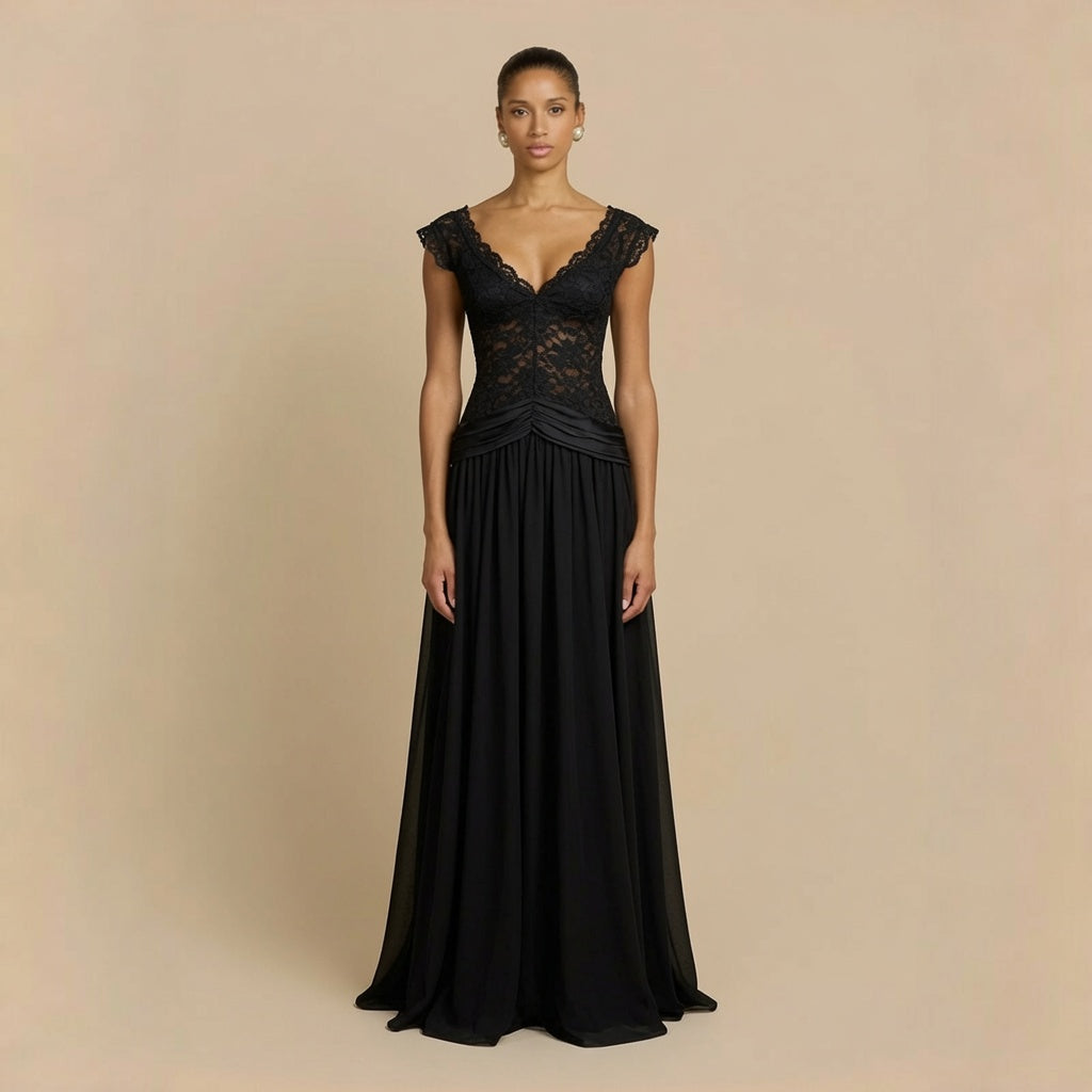 V Neck Lace Chiffon Maxi Dress Women
