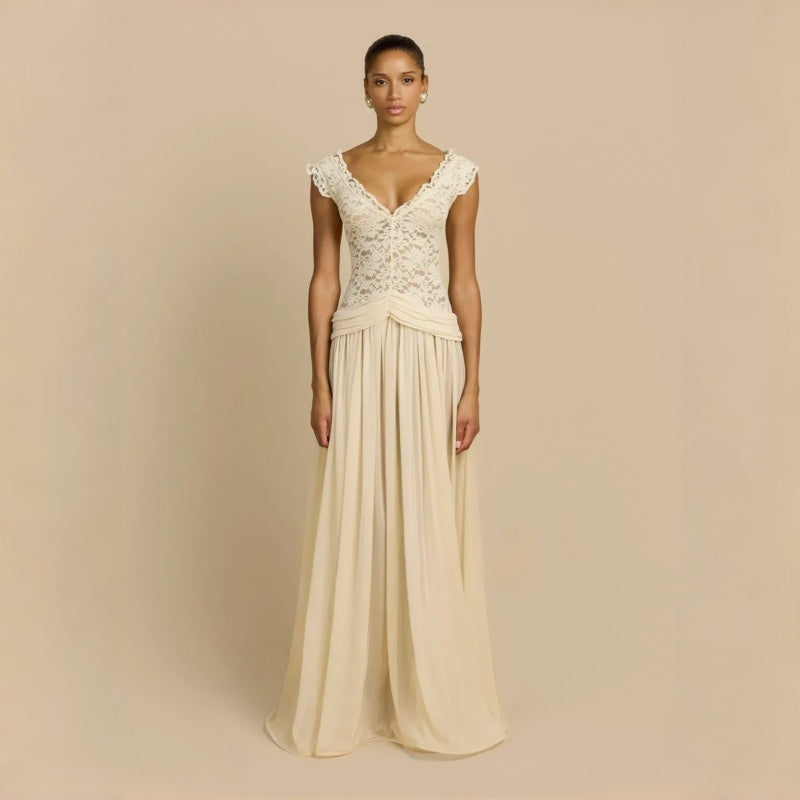 V Neck Lace Chiffon Maxi Dress Women
