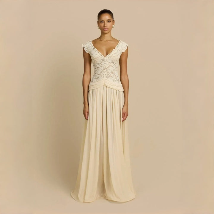 V Neck Lace Chiffon Maxi Dress Women