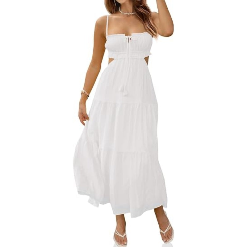 Solid V Neck Cutout Cami Maxi Dress