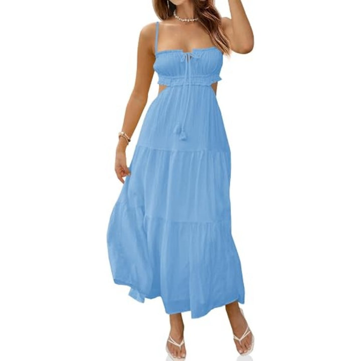 Solid V Neck Cutout Cami Maxi Dress