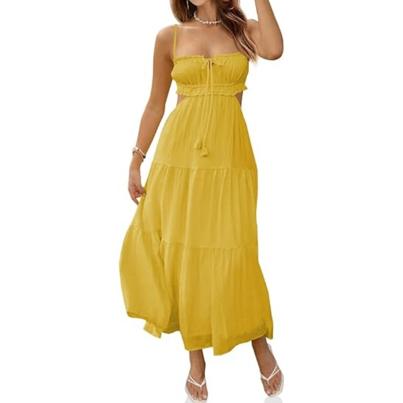 Solid V Neck Cutout Cami Maxi Dress