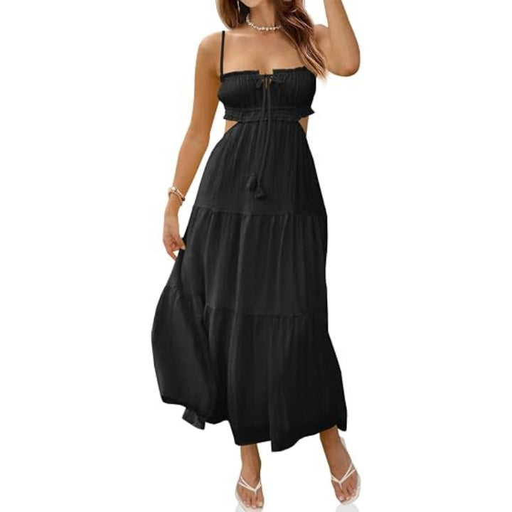Solid V Neck Cutout Cami Maxi Dress