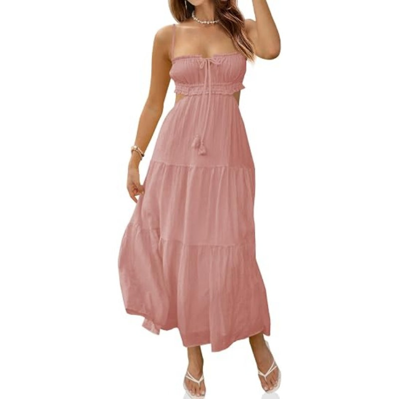 Solid V Neck Cutout Cami Maxi Dress