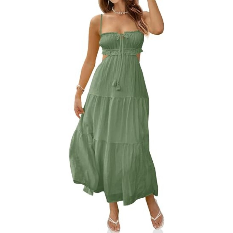 Solid V Neck Cutout Cami Maxi Dress