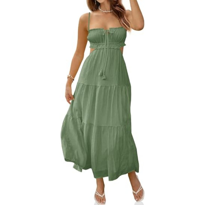 Solid V Neck Cutout Cami Maxi Dress