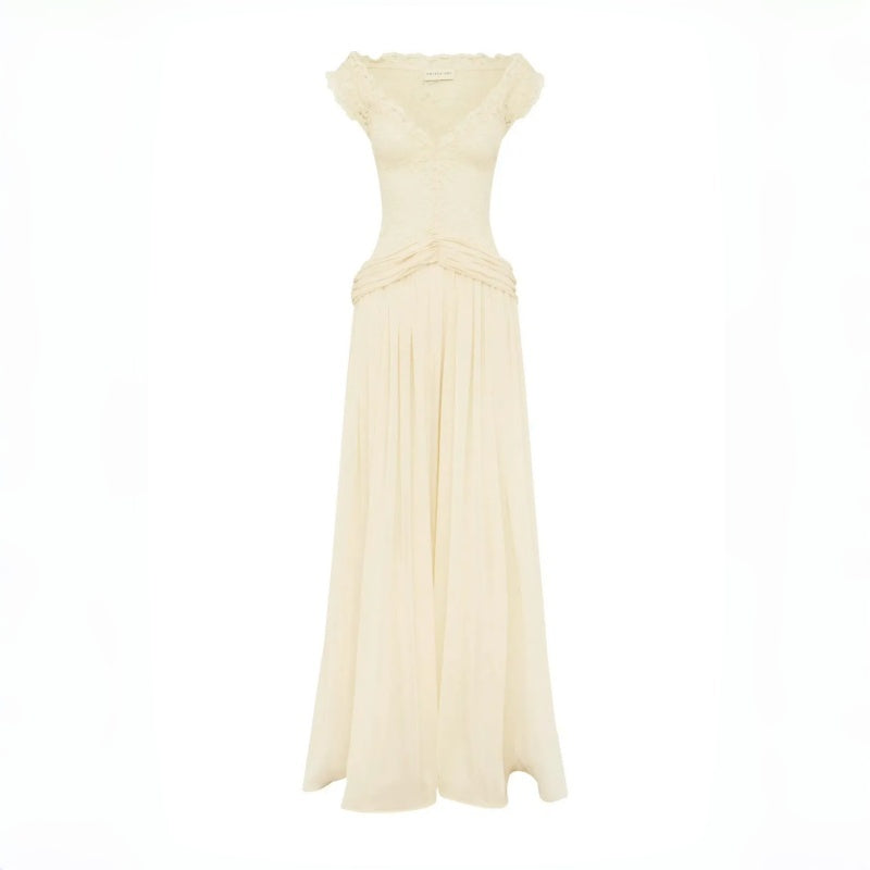 V Neck Lace Chiffon Maxi Dress Women