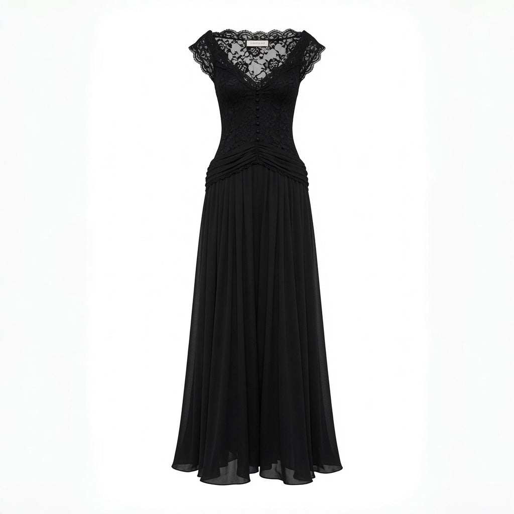 V Neck Lace Chiffon Maxi Dress Women