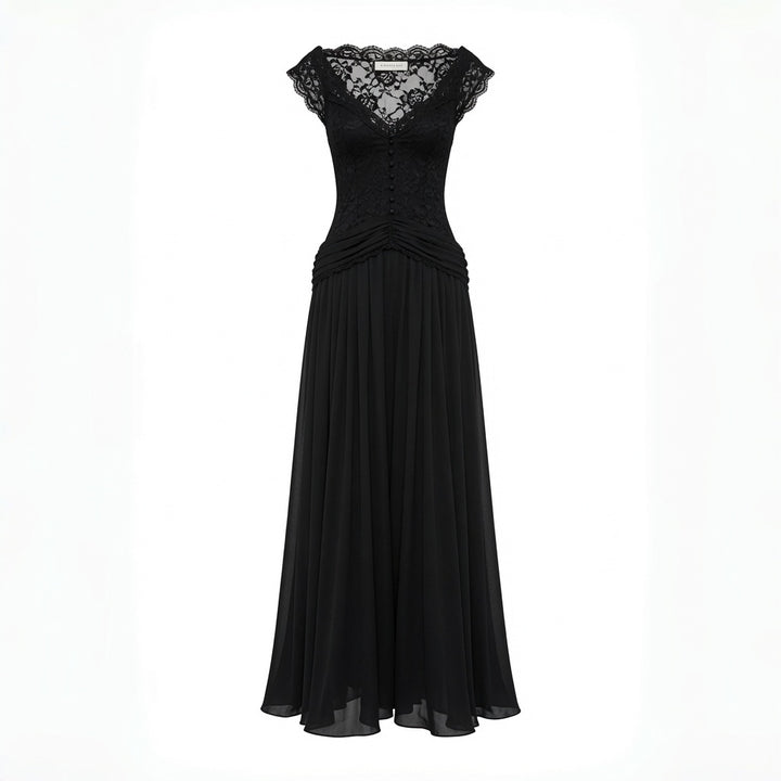 V Neck Lace Chiffon Maxi Dress Women