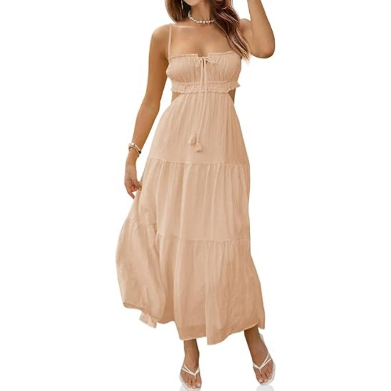 Solid V Neck Cutout Cami Maxi Dress